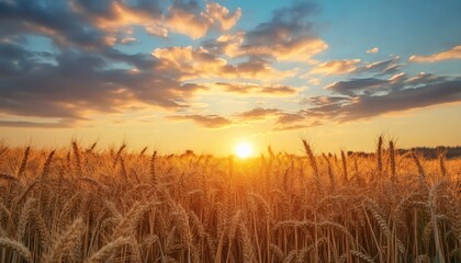 Fototapeta premium Golden wheat field at sunset with a vibrant sky