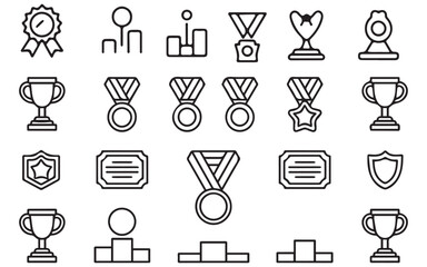 Collection of awards and trophies icons set winning sports competition achievement recognition symbols