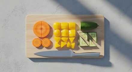 Colorful Chopped Vegetables on Wooden Cutting Board with Knife, Top View