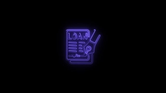 Purple neon outline of a loan document with a pen icon against a black background contract agreement