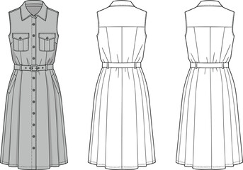 Sleeveless belted shirt dress flat sketch with button front, collar design, pockets, casual summer style, vector fashion illustration