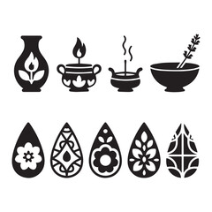 Elegant Spa and Wellness Silhouette Collection Featuring Bottles, Vases, Incense, and Floral Motifs.