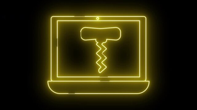 laptop displaying a corkscrew symbol against a black backdrop