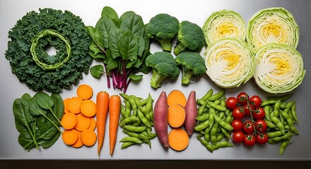 Colorful flat lay of fresh raw vegetables including kale, broccoli, carrots, and sweet potatoes.