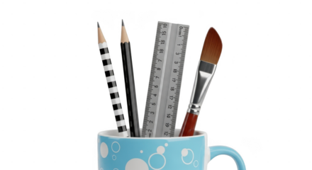 Assorted stationery items including pencils, paintbrush, and ruler in a blue polkadot mug, isolated on transparent background