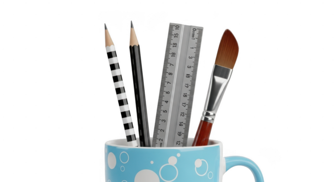 Assorted stationery items including pencils, paintbrush, and ruler in a blue polkadot mug, isolated on transparent background