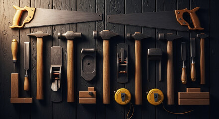 Woodworking Tools Collection on Dark Wooden Background