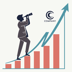 Visionary's Ascent: An illustrated businessperson gazes intently through a telescope, strategically positioned on a rising bar graph, symbolizing foresight, growth and strategic planning. 