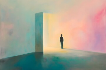 Solitary person standing in brightly lit doorway contemplating future opportunities and choices