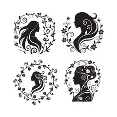  Set Of Elegant Feminine Silhouette Surrounded by Spiral Floral Vines Symbolizing Growth and Harmony.