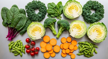 Fresh Assortment of Vibrant Green and Orange Vegetables Arranged on a Gray Surface