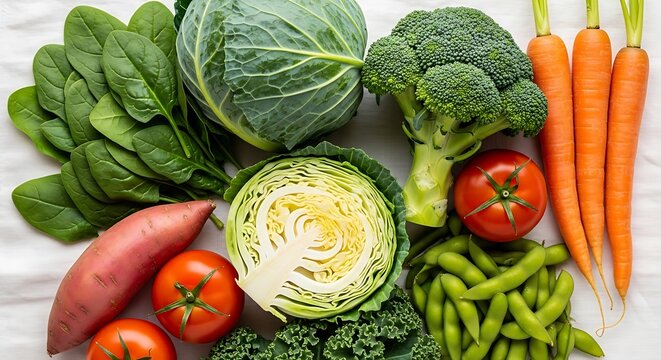 Fresh Assortment of Vibrant Vegetables: Broccoli, Cabbage, Carrots, Tomatoes, Spinach, Kale, Edamame, and Sweet Potato
