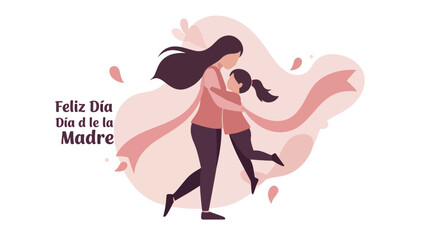 Mother and Daughter Hugging Celebrating Mother's Day in Soft Pink Artistic Illustration