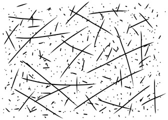 Abstract image featuring a chaotic arrangement of black lines and scattered dots on a white background, creating a textured and dynamic visual pattern.