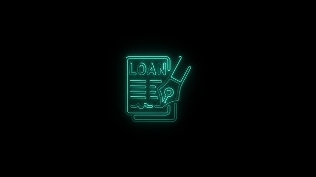 Teal neon outline of a loan document with a pen icon against a black background contract agreement