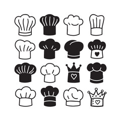  Set of Sixteen Unique Chef Hat Silhouettes in Hand-Drawn Black Outline Style.