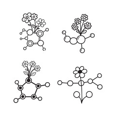  Set of Serotonin Molecule with Flowers Growing in Black and White Line Art Illustration.
