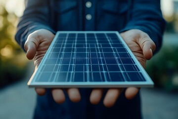 Hands holding a small solar panel demonstrating renewable energy and sustainable technology