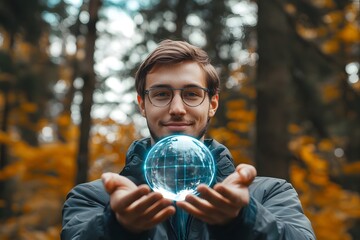 Man holding a glowing earth globe in his hands surrounded by autumn forest nature symbolism