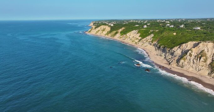New Shoreham, RI, USA 08-12-2025: Aerial video over Mohegan Bluffs, New Shoreham, Block Island, Rhode Island