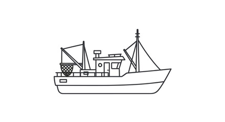 Outlined Fishing Boat with Detailed Rigging and Structure.