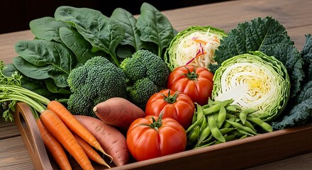 Fresh Vegetables in Wooden Tray: Broccoli, Spinach, Tomatoes, and More