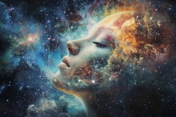 Surreal portrait of a woman's face with cosmic nebula and colorful abstract elements