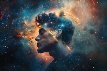 Surreal cosmic portrait of a woman blending with nebula and stardust