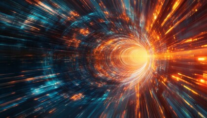 Obraz premium Abstract digital tunnel with vibrant orange and teal lights streaking towards a bright center