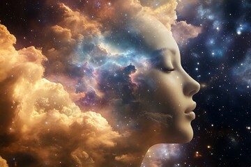 Abstract cosmic brain power concept of female head with bright light energy emanating