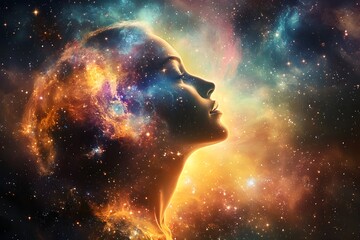 Abstract cosmic consciousness female profile overlayed with nebula and stars