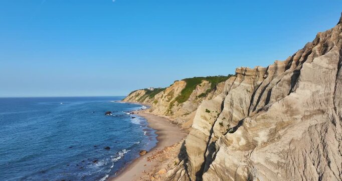 New Shoreham, RI, USA 08-12-2025: Aerial video over Mohegan Bluffs, New Shoreham, Block Island, Rhode Island