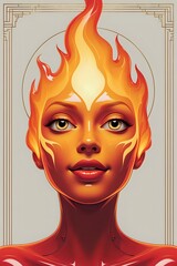 Luminous Inferno: Vibrant Art Deco Portrait of a Goddess of Flame