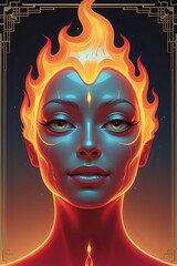 Luminous Inferno: Vibrant Art Deco Portrait of a Goddess of Flame