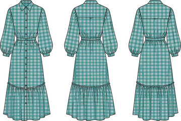 Fashion flat sketch of long checkered shirt dress with puff sleeves, belt waist and tiered hem, vector garment illustration © Asif's Creatives