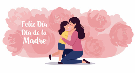 Mother and Child Hugging with Pink Floral Background Celebrating Mother's Day