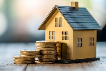 Small model house symbolizing real estate investment and financial growth with stacked coins