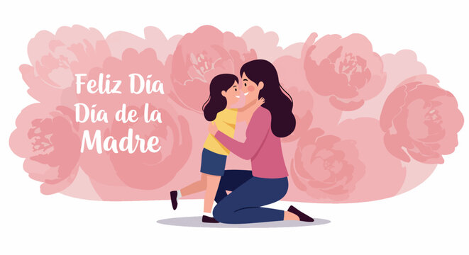 Mother and Child Hugging with Pink Floral Background Celebrating Mother's Day