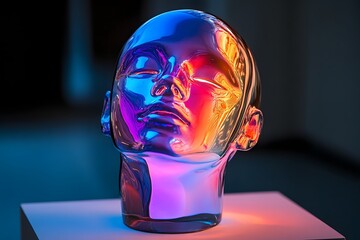 Abstract futuristic human head sculpture illuminated with vibrant neon lights representing technology and thought