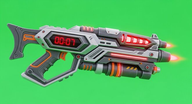 Futuristic Sci-Fi Laser Gun with Digital Timer and Glowing Red Energy, Isolated on Green Screen