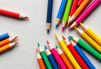 Fototapeta premium Close-up vibrant colored pencils scattered on textured surface, pencil background, vibrant