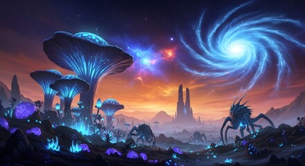Fantasy landscape with glowing mushrooms and celestial objects at sunset