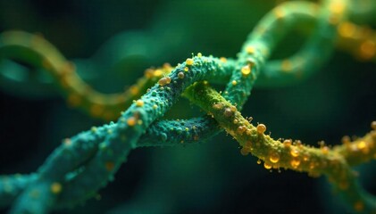 Microscopic view of complex molecular chains, organic and intricate, representing biological building blocks A highly detailed, close up view of intricately interwoven molecular chains, resembling a