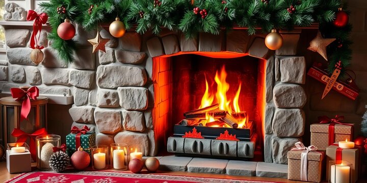 Cozy fireplace scene with Christmas ornaments and garland, happy holidays, red - Powered by Adobe