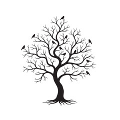 Fototapeta premium “Silhouette of a tree with birds perched, black shapes on white, delicate composition” 
