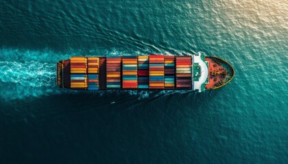 Container ship sailing on a teal ocean