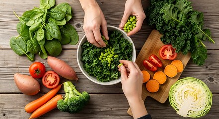 Two people preparing a healthy kale salad with edamame and fresh vegetables on a rustic wooden table.