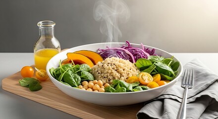 Steaming Quinoa Bowl with Roasted Pumpkin, Red Cabbage, and Spinach on Wooden Board