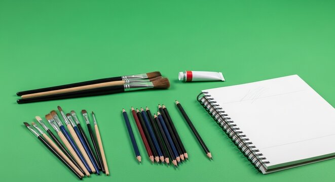 Artistic Tools: Paintbrushes, Pencils, Paint Tube, and Sketchbook on Green Surface