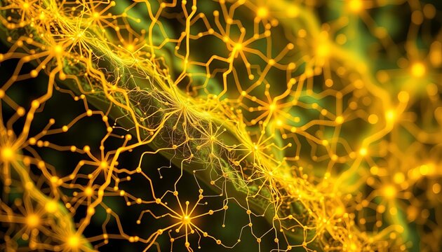 Intricate golden & green neural network, abstract design,  glowing,  nodes